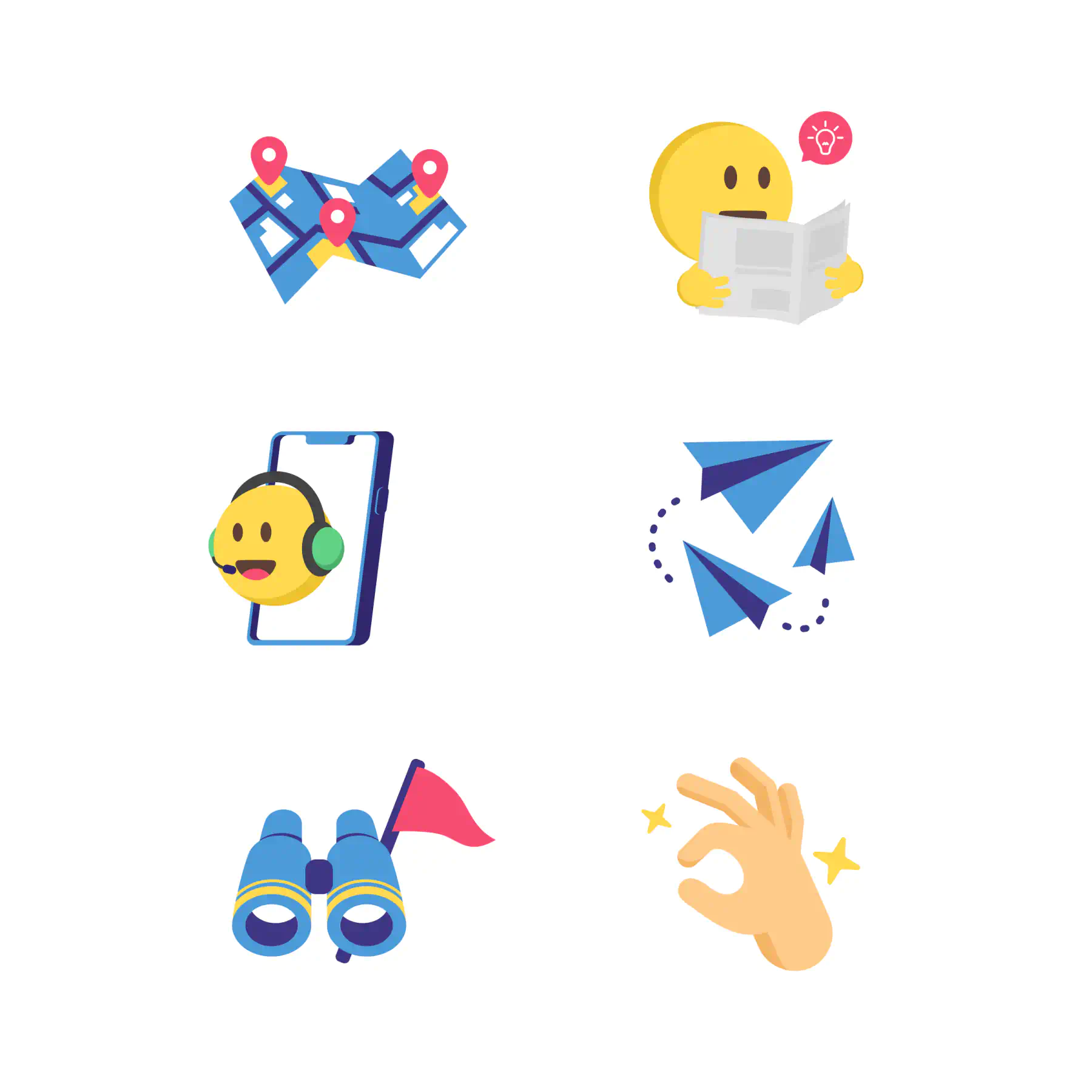 An image showing a map emoji, a newspaper emoji being read, a customer service emoji, a paper plane emoji, binoculars emoji, and an okay hand emoji