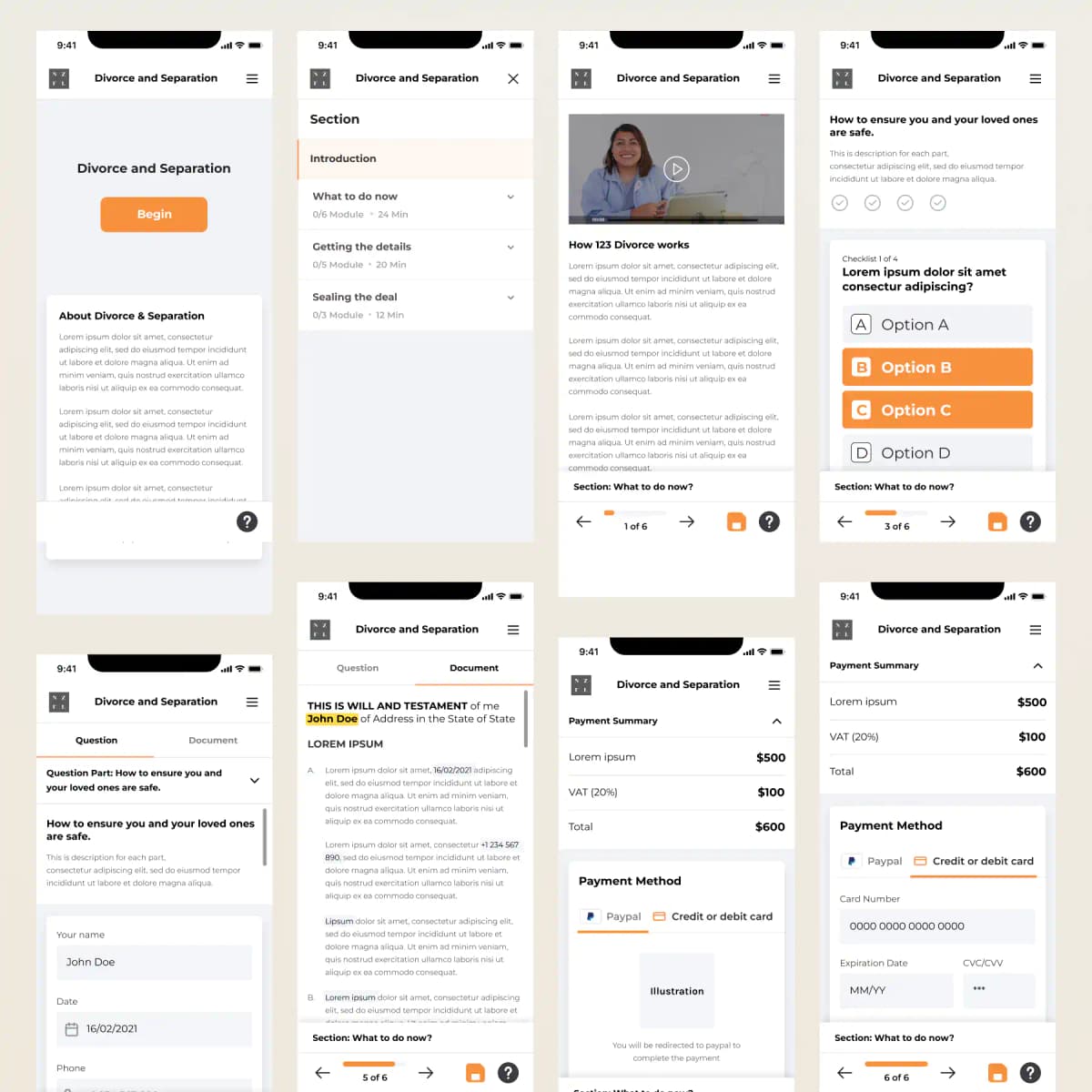 A series of mobile phone screenshots showing a mobile app