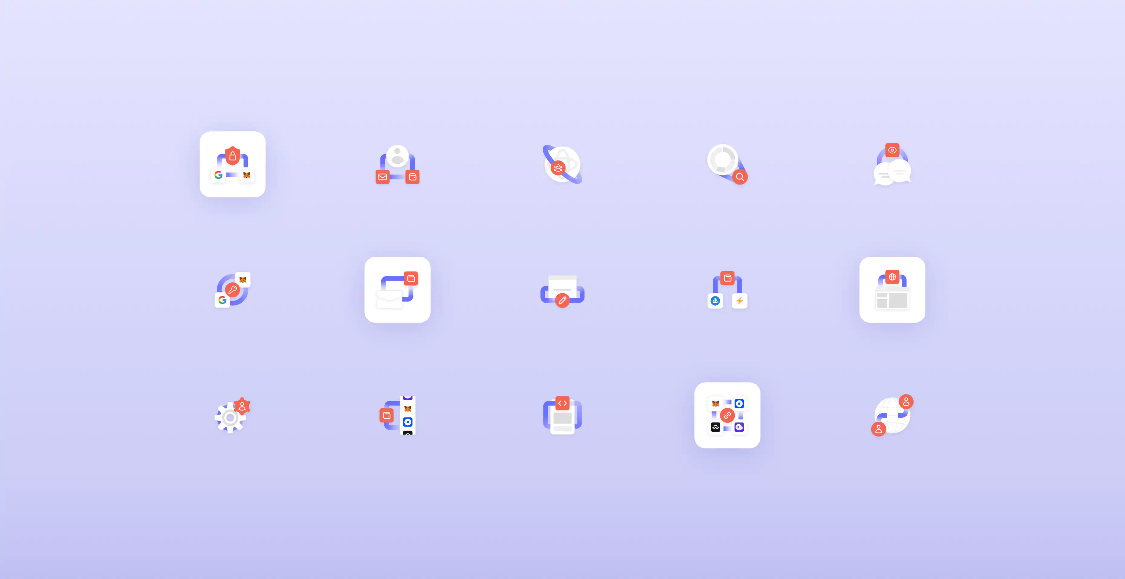 A set of icons on purple background